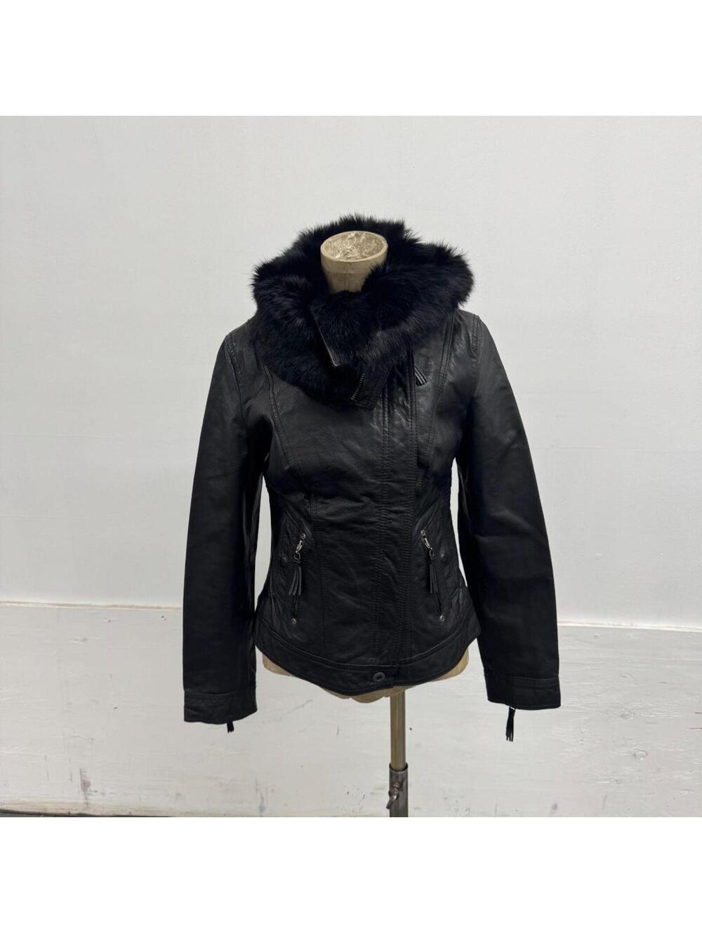 Vintage ONLY Black Leather Funnel Neck Jacket with Rabbit Fur Collar - Picture 4 of 8